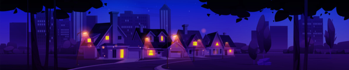 Night town street against big city background. Vector cartoon illustration of suburban houses along rural alley illuminated with lamp lights, dark skyscrapers, modern architecture, cozy neighborhood