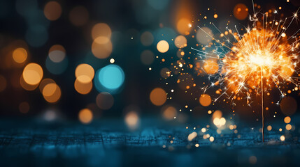 Happy New Year, burning fireworks with bokeh light background