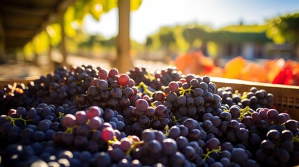 Close-up of boxes with ripe red grapes in the sunlight. Autumn harvest, winery, agricultural market. - obrazy, fototapety, plakaty