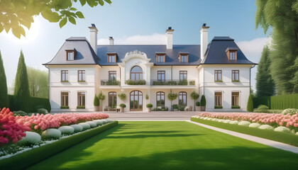 Modern luxury elegant large house with flower garden, spring atmospher