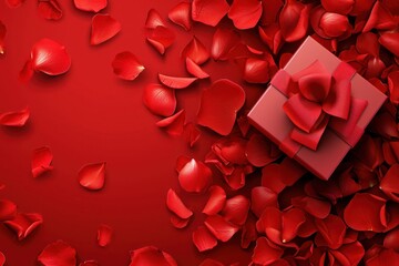 Vector art of red valentine's day background With red rose petals and gift boxes