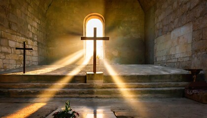 Cross in a chapel or church on the theme of Easter Jesus rebirth - obrazy, fototapety, plakaty