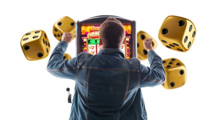 man celebrating a win gambling on a casino slots machine