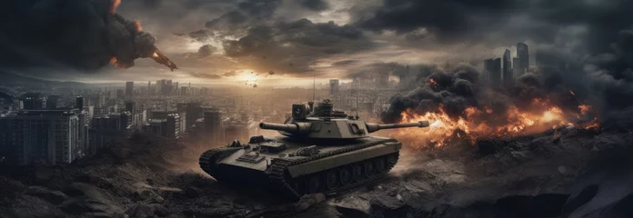Poster Tanks navigate through the war-torn landscape, with flames from a grenade burning in the background. © Murda