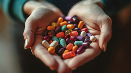 Close - up photo of Woman's hands holding different pills - obrazy, fototapety, plakaty