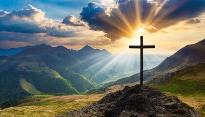 Cross in the mountains theme Easter Jesus rebirth