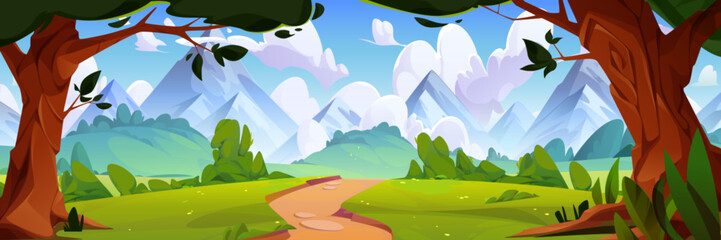 Mountain valley landscape with forest footpath. Vector cartoon illustration of summer scenery, old trees, yellow flowers in green grass, rocky peaks, white cloudscape in blue sky, travel background © klyaksun