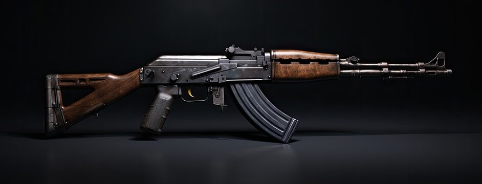 A firearm positioned on a dark background, captured in a studio setting with dramatic and intense lighting.