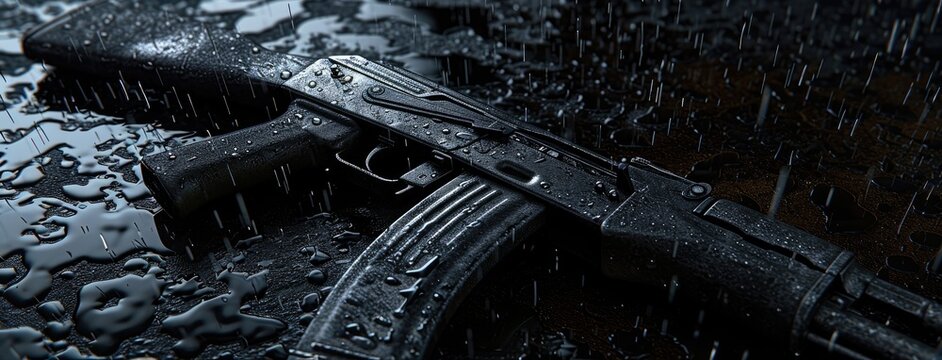 A firearm positioned on a dark background, captured in a studio setting with dramatic and intense lighting.