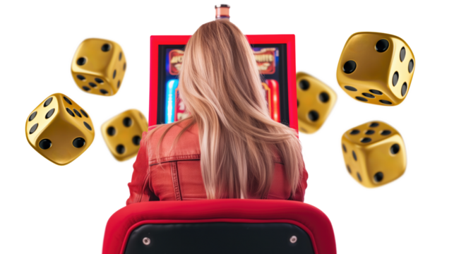 blonde woman gambling on casino slots machine