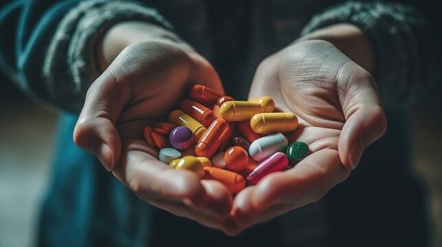 Close - up photo of Woman's hands holding different pills