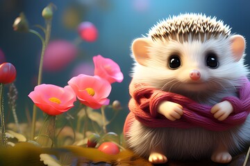 A cute baby hedgehog knitting a tiny pink scarf. Generative AI.