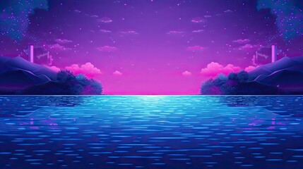 Illustration Holographic Neon water sunset. Generative AI