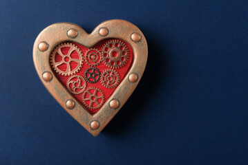 Steampunk Heart Ornament with Gears on Dark Blue Background