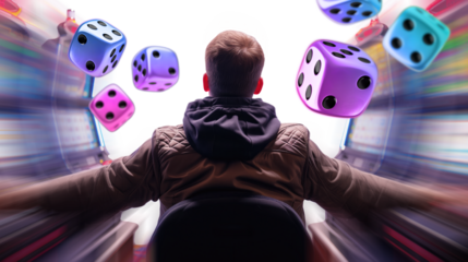 man surrounded by blurry slots machines and casino dice