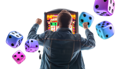 man celebrating a win gambling on a casino slots machine