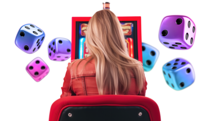 blonde woman gambling on casino slots machine