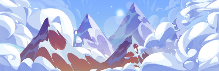 Rocky mountain landscape with clouds. Vector cartoon illustration of anime style peaks covered with snow and glacier above heavenly cloudscape, bright sunlight flare sparkling in blue sky, frosty air