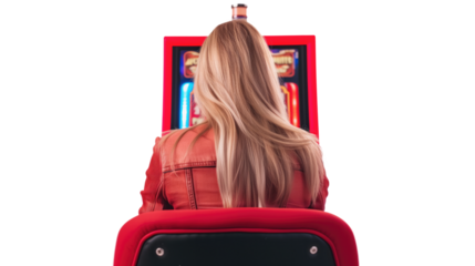 blonde woman gambling on casino slots machine, transparent background