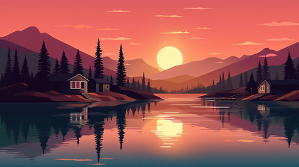 Sunset at Lake illustration - obrazy, fototapety, plakaty