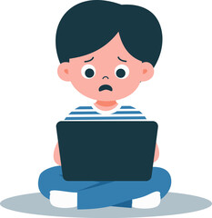Flat vector illustration. A boy is sitting at her laptop and is afraid. The laptop has forbidden content for children . Vector illustration