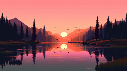 Fototapeta na wymiar Sunset at Lake illustration