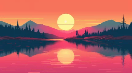 Schilderijen op glas Sunset at Lake illustration © Thanos