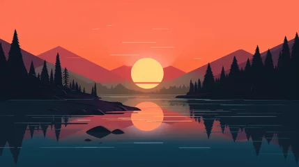 Photo sur Aluminium Corail Sunset at Lake illustration