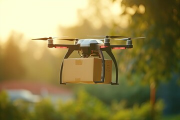 Warehouse automation drone delivery aircraft logistics. Package tracking delivery transparency. Sustainable logistics green tech drone garden of smart homes, drone home delivery packaging solutions.
