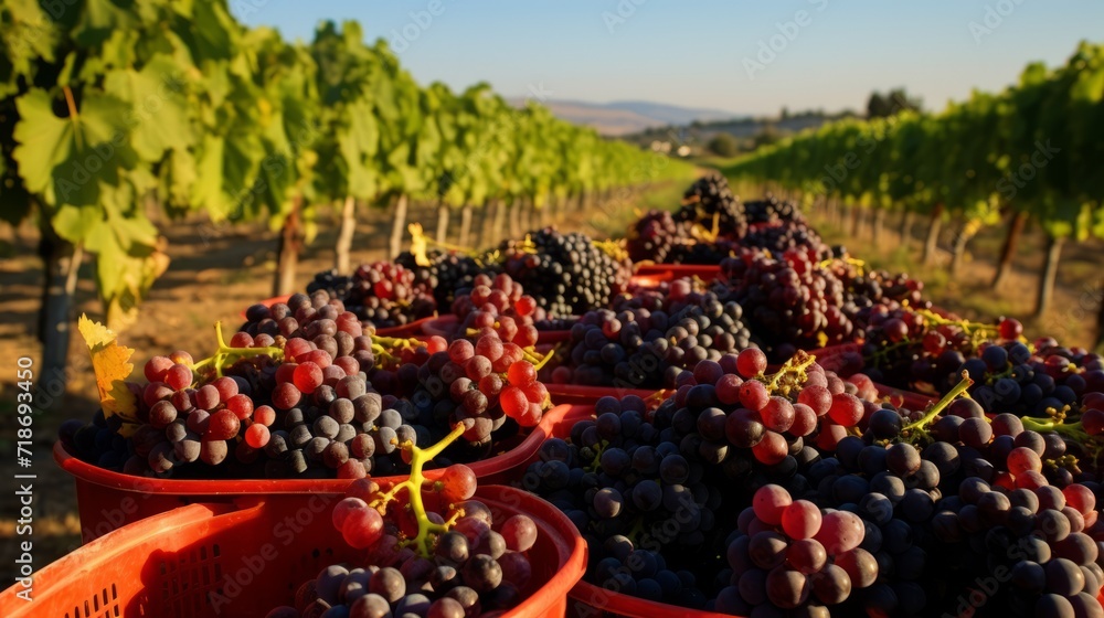 Aufkleber different varieties of red grapes lie in bunches in baskets against the background of a grape planta