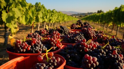 Different varieties of red grapes lie in bunches in baskets against the background of a grape...