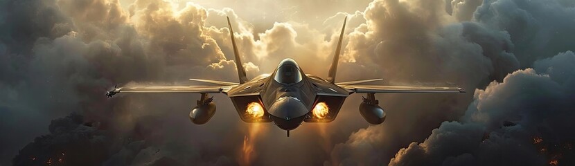 The dynamic image of a stealth fighter aircraft in flight, showcasing its aerodynamic prowess. - obrazy, fototapety, plakaty
