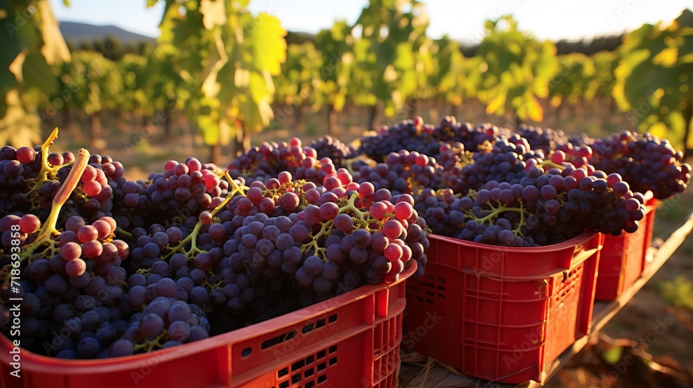 Aufkleber different varieties of red grapes lie in bunches in baskets against the background of a grape planta