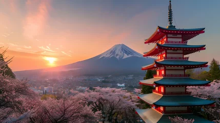 Foto op Plexiglas Mistige ochtendstond Photo  of the Fuji mountain with cherry blossoms during the sunrise