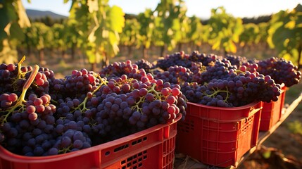 Different varieties of red grapes lie in bunches in baskets against the background of a grape...