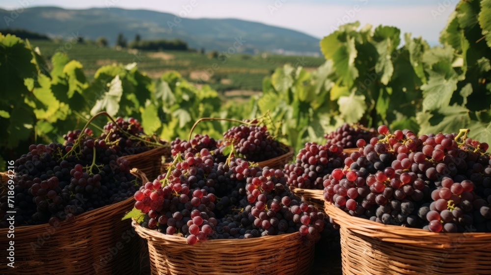 Leinwandbilder different varieties of red grapes lie in clusters in wicker baskets against the background of a beau