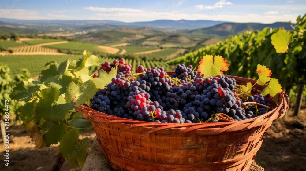 Poster close-up of a wicker basket with clusters of delicious ripe red grapes on the background of a beauti