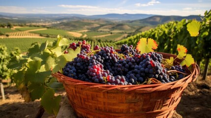 Close-up of a wicker basket with clusters of delicious ripe red grapes on the background of a...