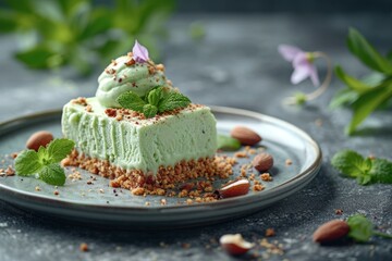 Homemade green ice cream with avocado on a plate decorated with greens
