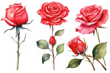 set red rose, beautiful flower on an isolated white background, watercolor illustration, botanical painting. Generative Ai