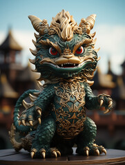 Fototapeta premium Green Dragon model with cartoon-Like Features in a city Setting background