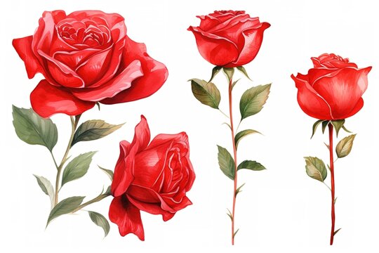 set red rose, beautiful flower on an isolated white background, watercolor illustration, botanical painting. Generative Ai