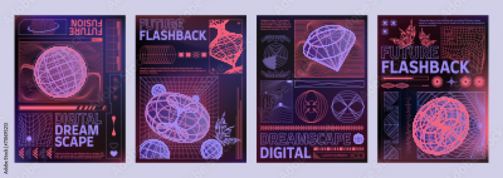Poster banner design layout set in trendy retro y2k style with geometric wireframe shape elements on gradie