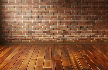 Bare brick wall and glossy wooden floor background.
Generative AI.