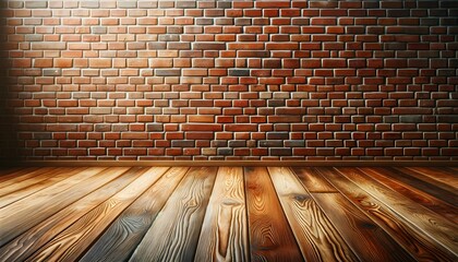 Simple yet elegant brick wall with a rustic wood floor.
Generative AI.