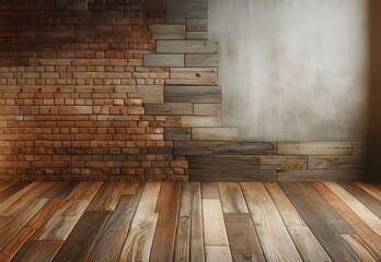 Industrial style brick wall with a sleek wooden floor.
Generative AI. - Powered by Adobe