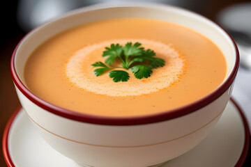 A bowl of creamy lobster bisque with a sprinkle of parsley