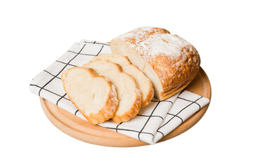 Assortment of freshly sliced baked bread with napkin isolated on white background. Healthy unleavened bread. French bread slice