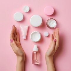 Womans Hands With Pink Manicures and Cosmetics on Pink Background
