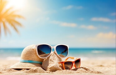 Fototapeta na wymiar Sunglasses on bright sand beach, travel theme